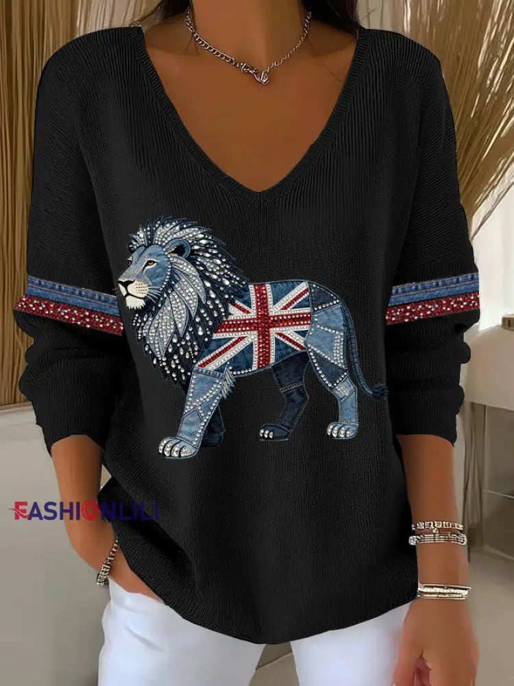 Women’s British Faux Denim Printed Casual Top Black / S