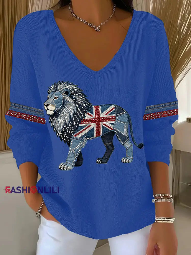 Women’s British Faux Denim Printed Casual Top Blue / S