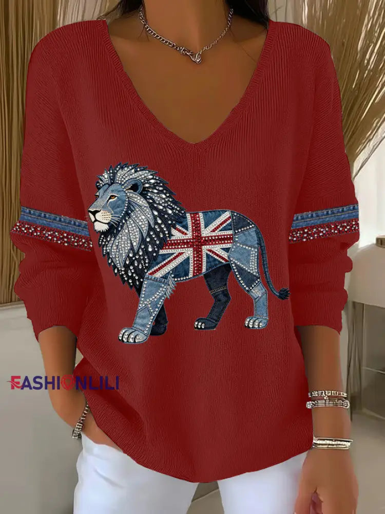 Women’s British Faux Denim Printed Casual Top Red / S