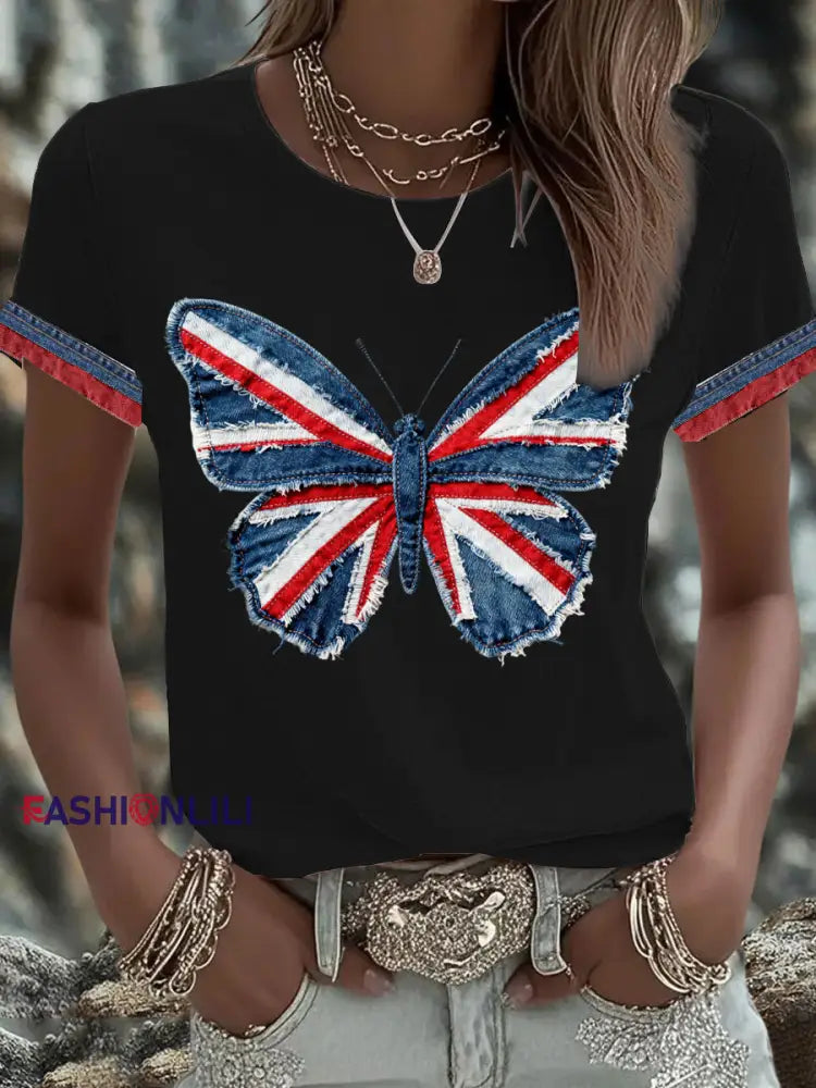 Women’s British Faux Denim Printed T-shirt Black / S