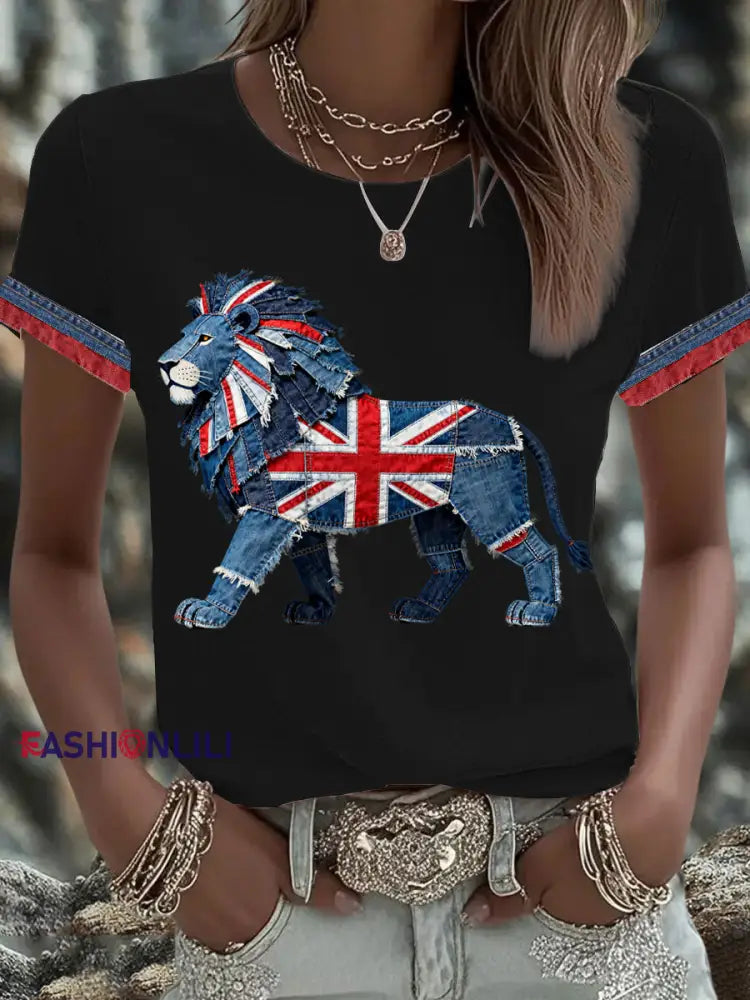 Women’s British Faux Denim Printed T-shirt Black / S