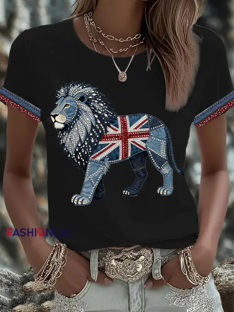 Women’s British Faux Denim Printed T-shirt Black / S