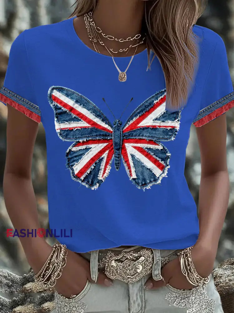 Women’s British Faux Denim Printed T-shirt Blue / S