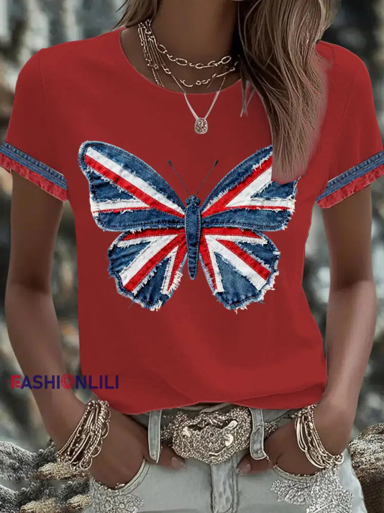 Women’s British Faux Denim Printed T-shirt Red / S