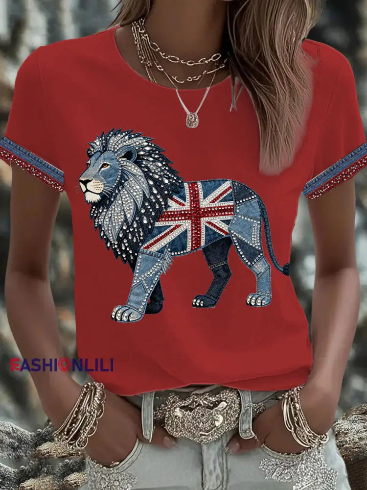 Women’s British Faux Denim Printed T-shirt Red / S