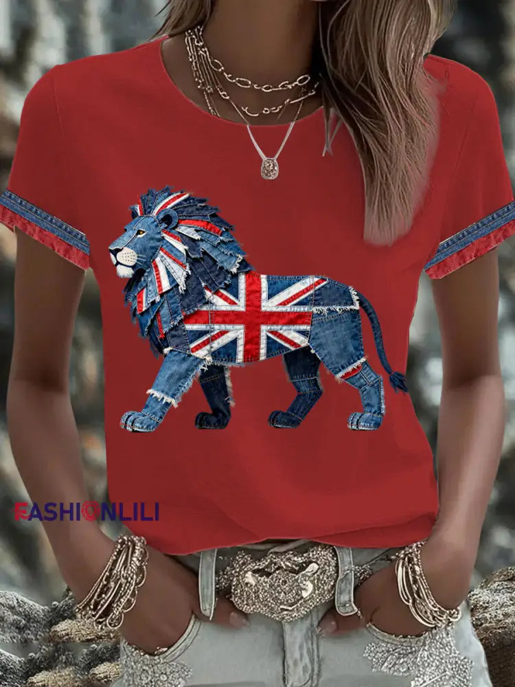 Women’s British Faux Denim Printed T-shirt Red / S