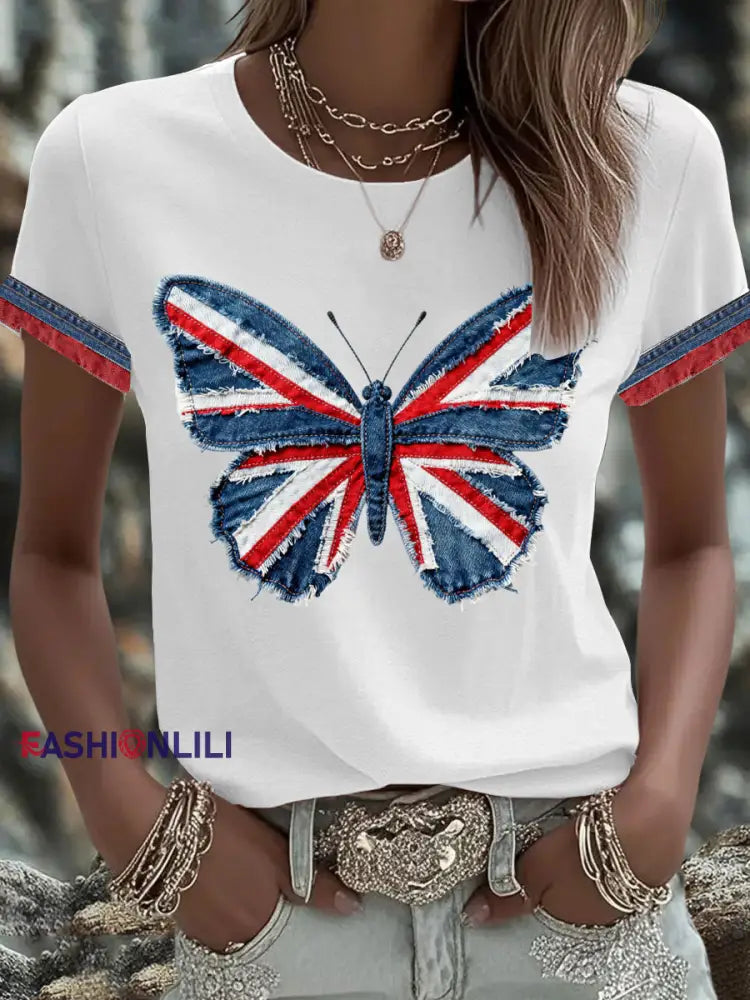 Women’s British Faux Denim Printed T-shirt White / S