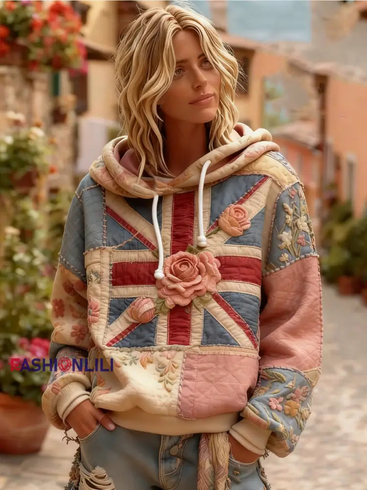 Women’s british flag flower Drawstring Hoodie As picture / S