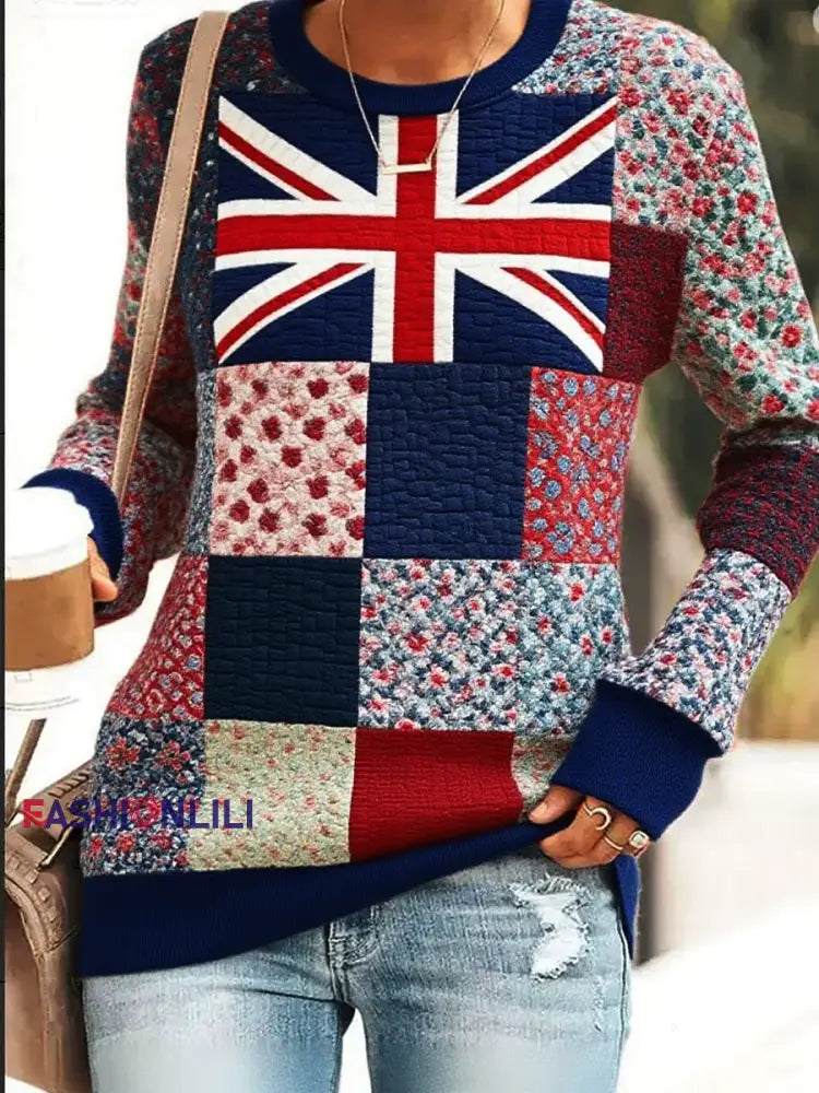 Women’s British Flag Patchwork Printed fitted sweatshirt As picture / S
