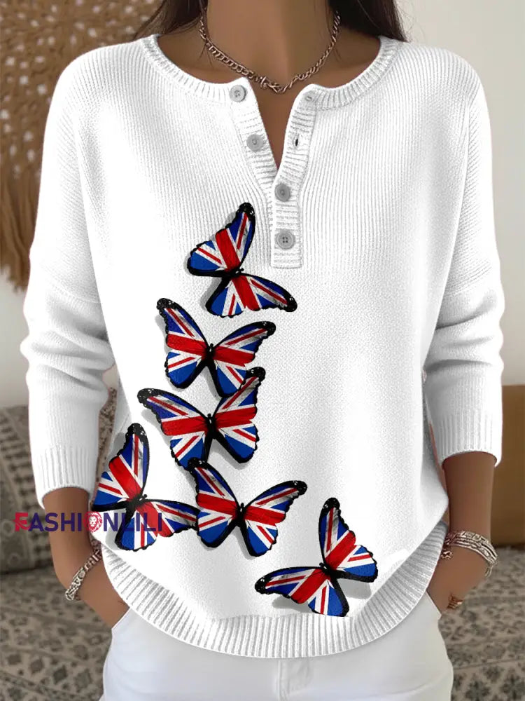 Women’s British Flag Print Casual Sweater White / S