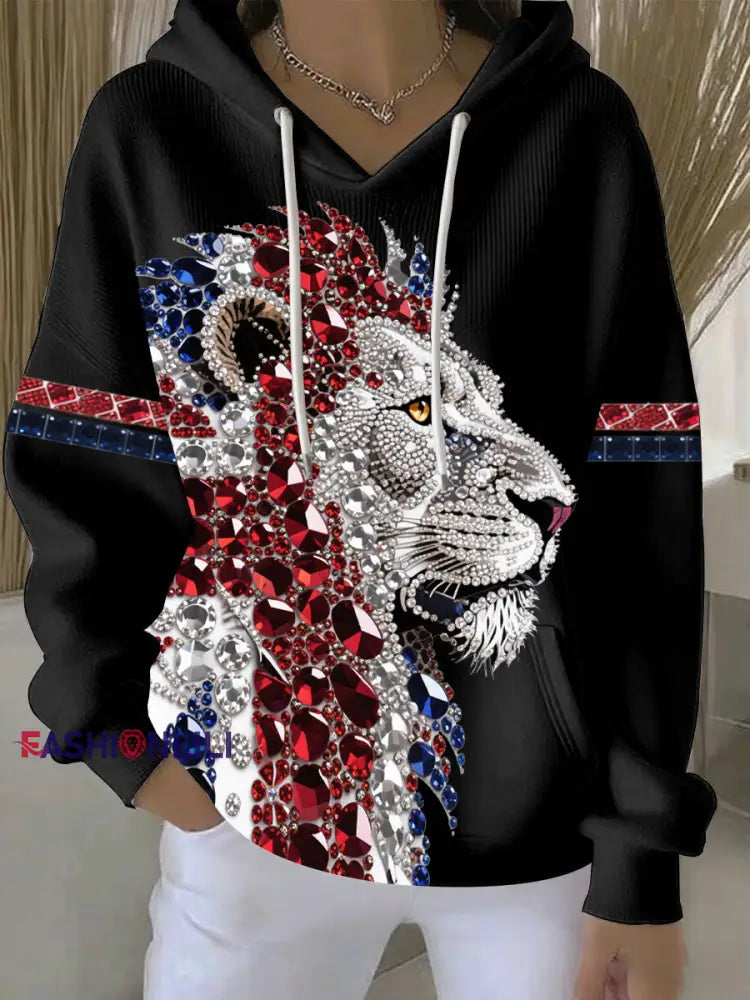 Women’s British imitation diamond hot-drilling print casual hoodie Black / S
