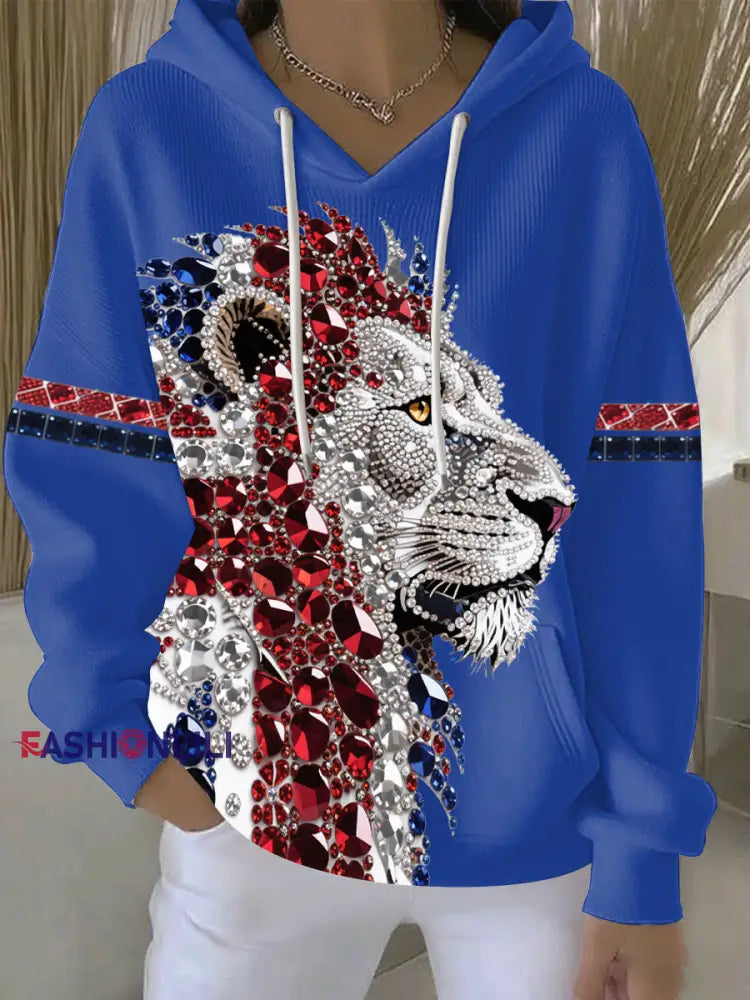Women’s British imitation diamond hot-drilling print casual hoodie Blue / S