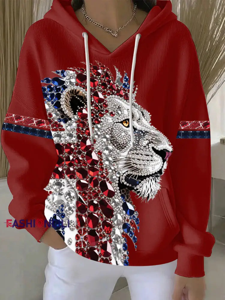 Women’s British imitation diamond hot-drilling print casual hoodie Red / S