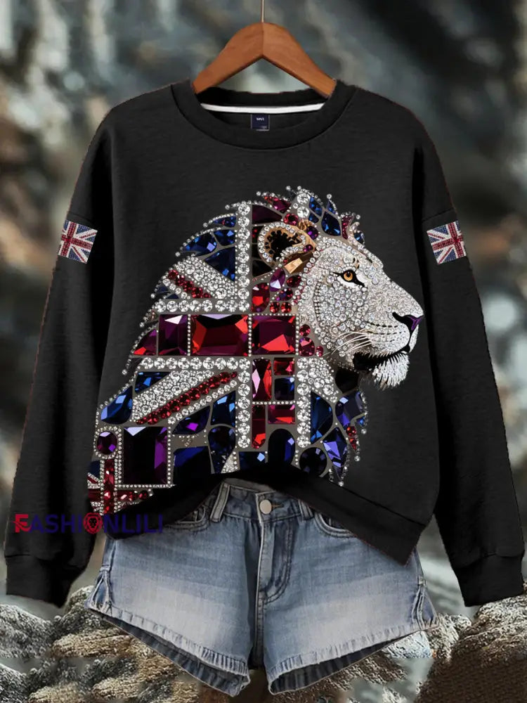 Women’s British imitation diamond hot-drilling Print Sweatshirt Black / S