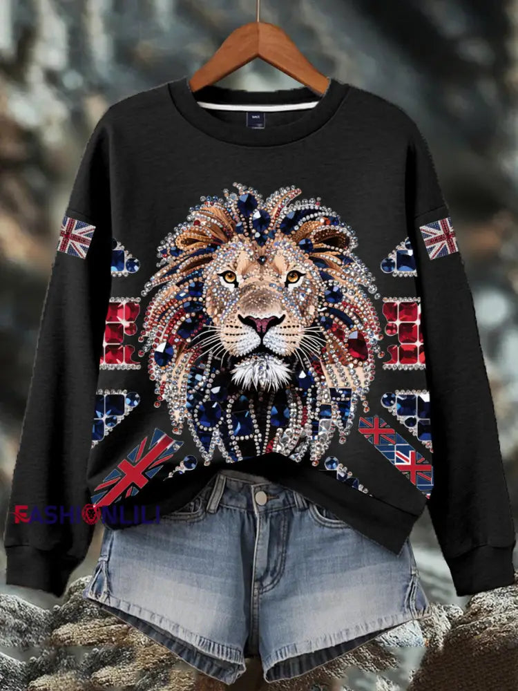 Women’s British imitation diamond hot-drilling Print Sweatshirt Black / S