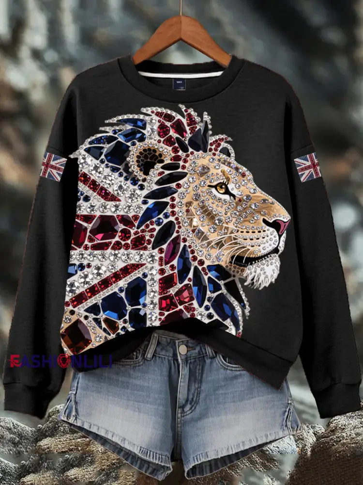 Women’s British imitation diamond hot-drilling Print Sweatshirt Black / S