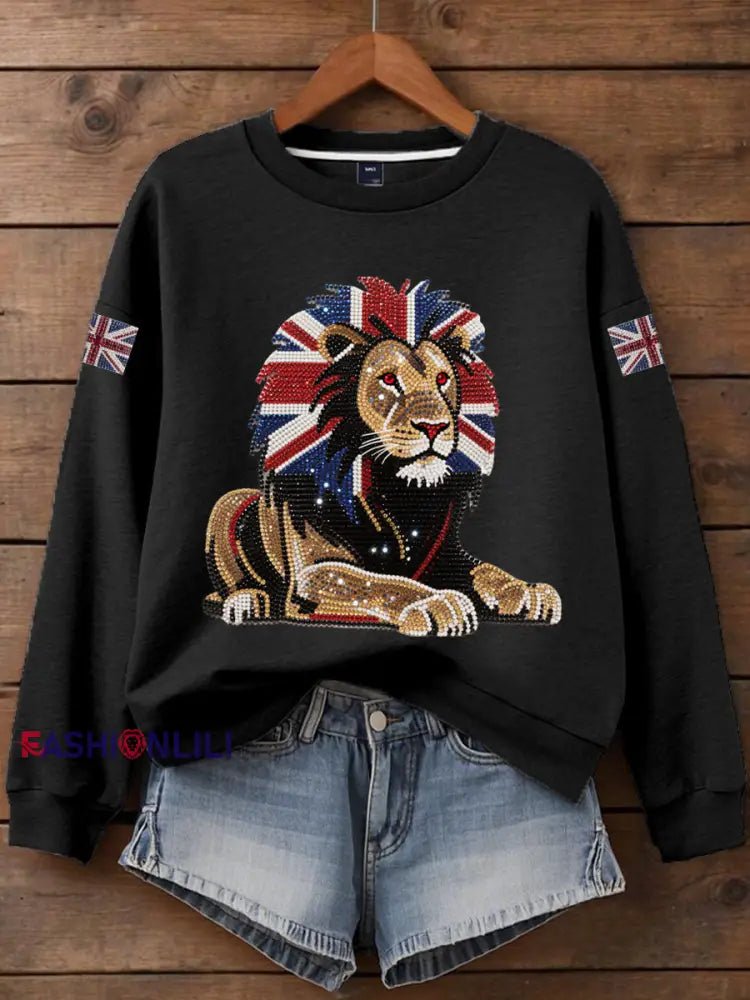 Women’s British imitation diamond hot drilling Print Sweatshirt Black / S