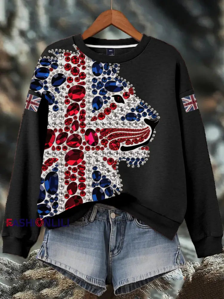 Women’s British imitation diamond hot-drilling Print Sweatshirt Black / S