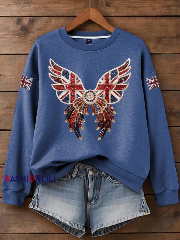 Women’s British imitation diamond hot drilling Print Sweatshirt Blue / S
