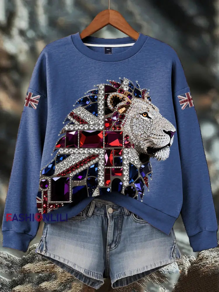 Women’s British imitation diamond hot-drilling Print Sweatshirt Blue / S