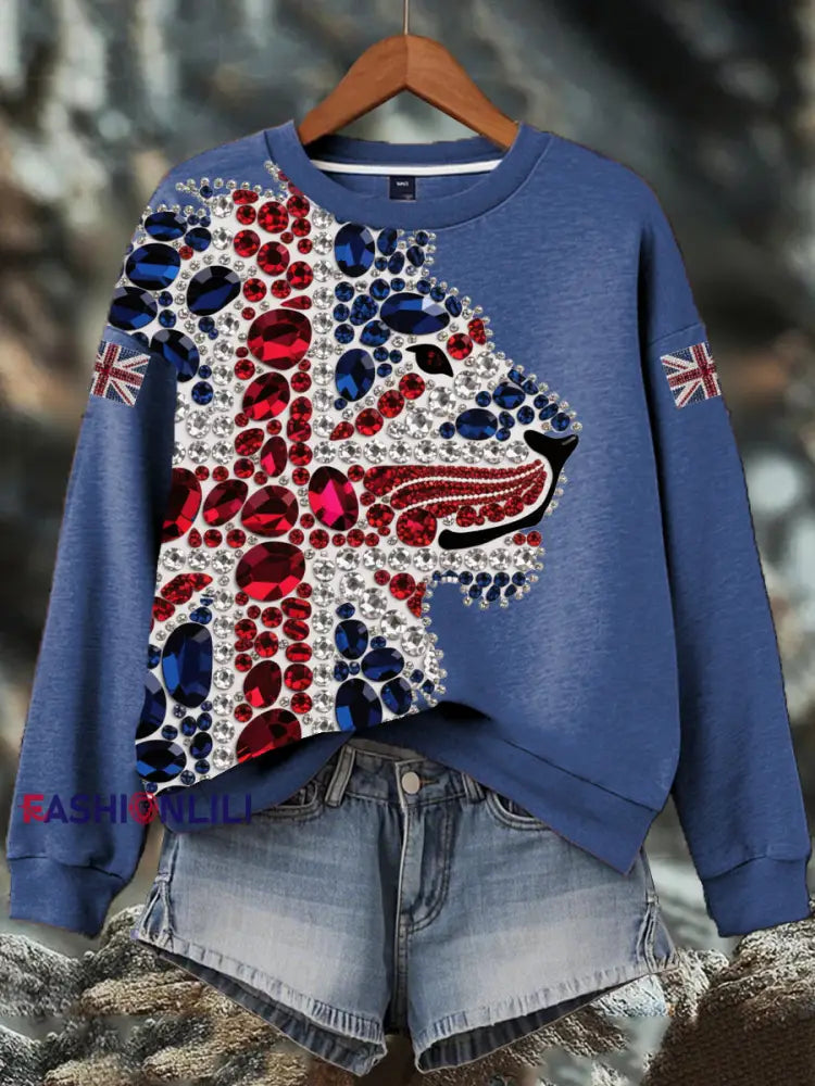 Women’s British imitation diamond hot-drilling Print Sweatshirt Blue / S