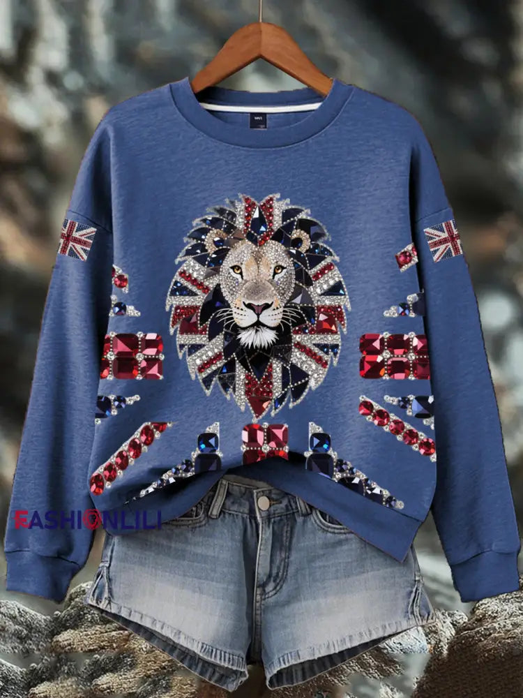 Women’s British imitation diamond hot drilling Print Sweatshirt Blue / S