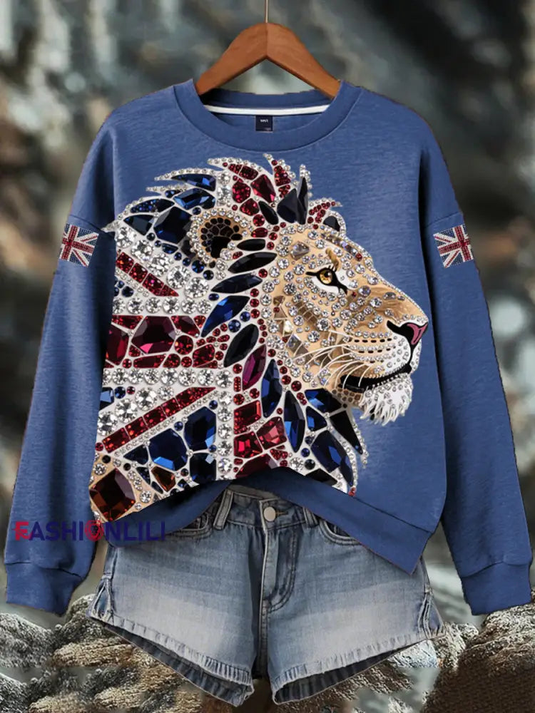 Women’s British imitation diamond hot-drilling Print Sweatshirt Blue / S