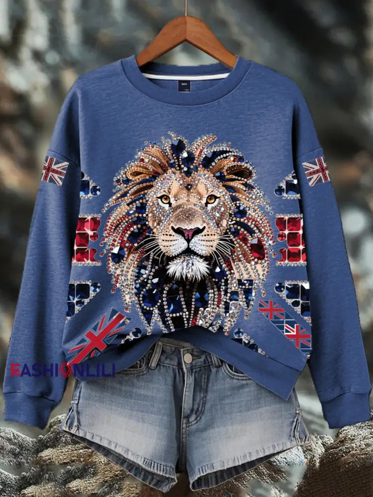 Women’s British imitation diamond hot-drilling Print Sweatshirt Blue / S