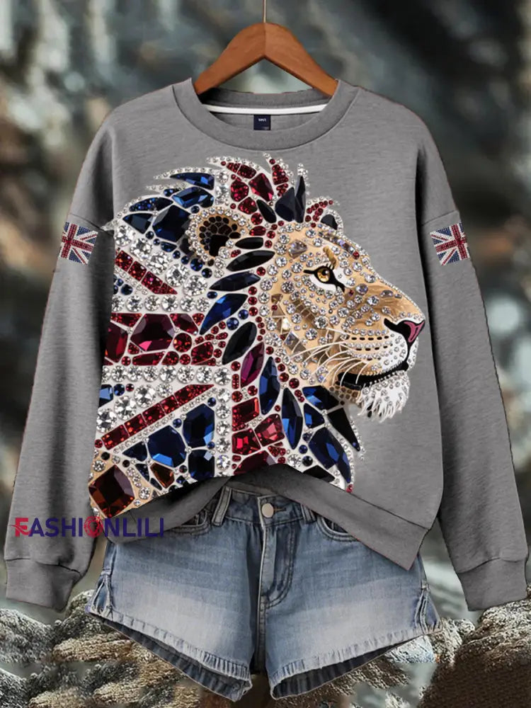 Women’s British imitation diamond hot-drilling Print Sweatshirt Gray / S