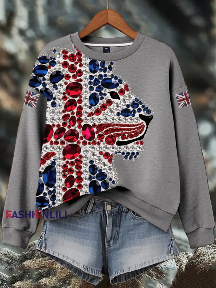 Women’s British imitation diamond hot-drilling Print Sweatshirt Gray / S