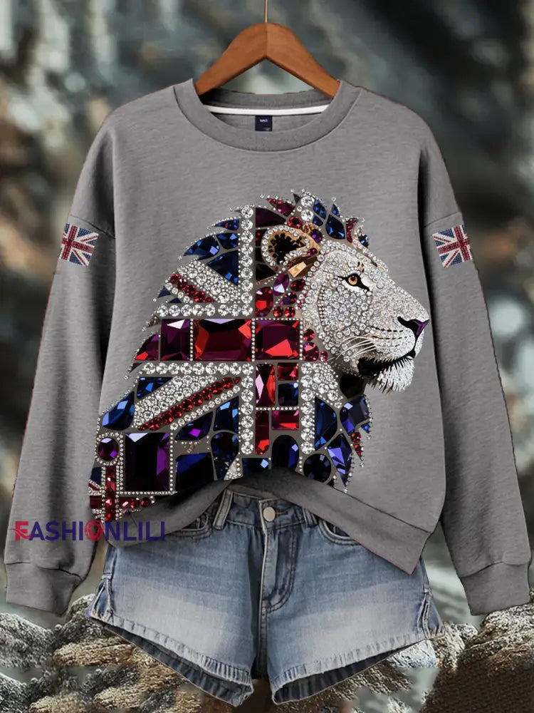 Women’s British imitation diamond hot-drilling Print Sweatshirt Gray / S