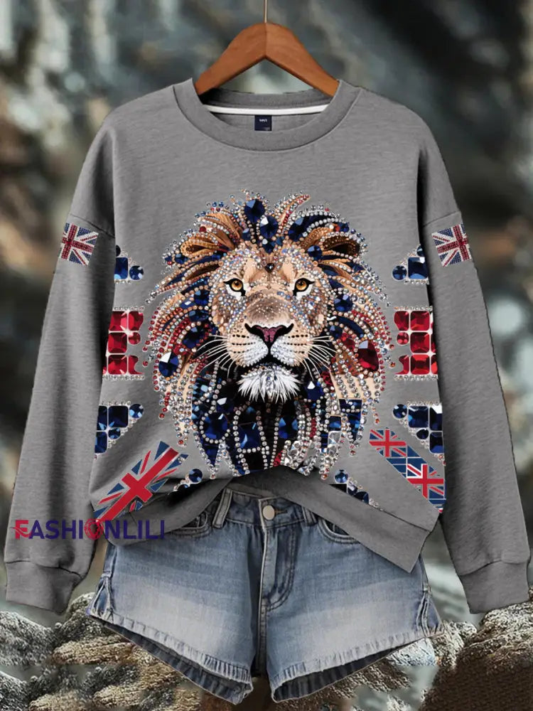 Women’s British imitation diamond hot-drilling Print Sweatshirt Gray / S