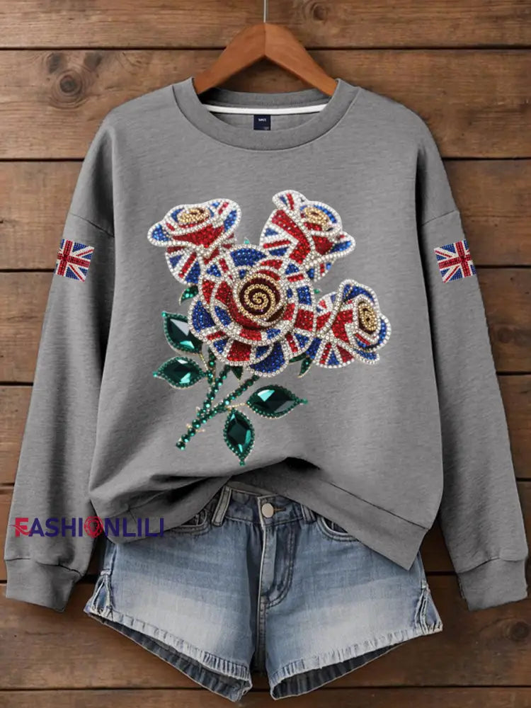 Women’s British imitation diamond hot drilling Print Sweatshirt Gray / S