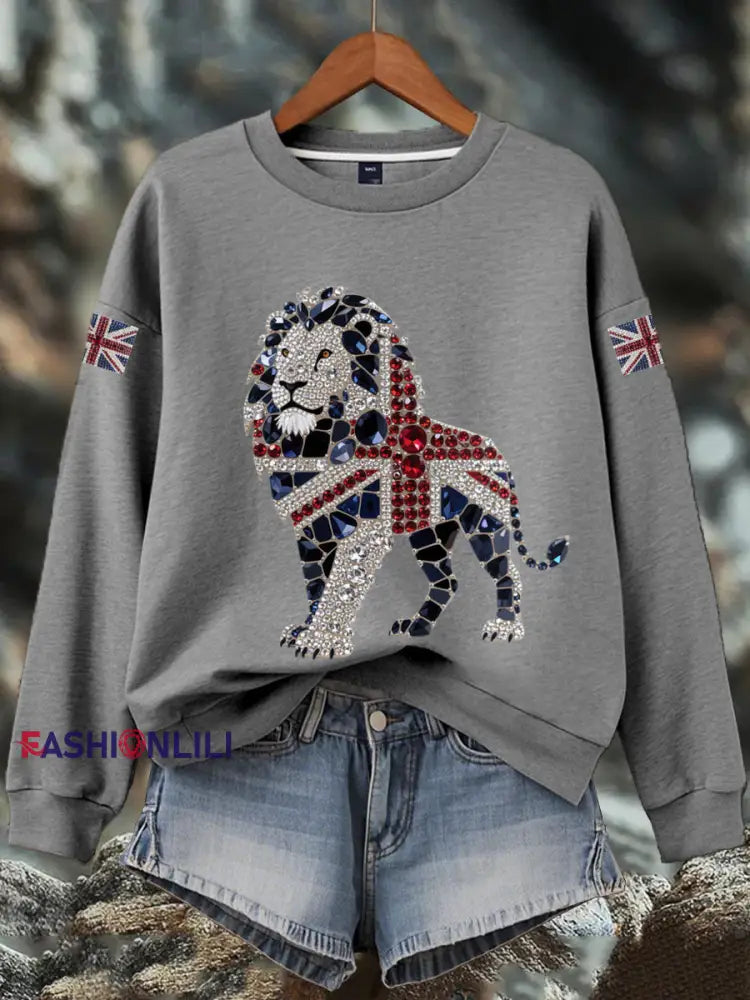 Women’s British imitation diamond hot drilling Print Sweatshirt Gray / S