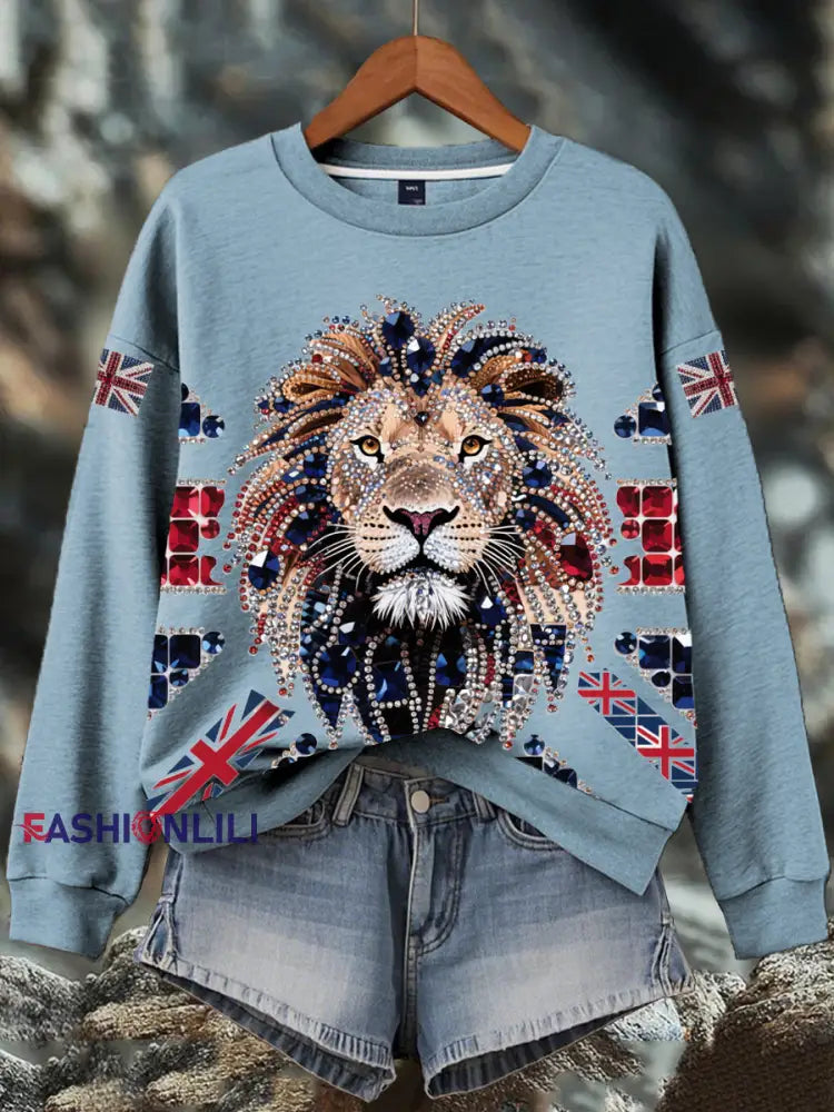 Women’s British imitation diamond hot-drilling Print Sweatshirt Light Blue / S