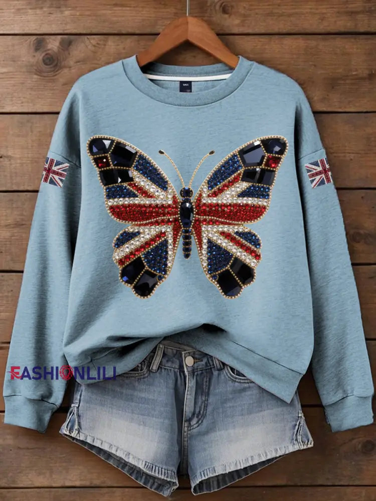 Women’s British imitation diamond hot drilling Print Sweatshirt Light Blue / S