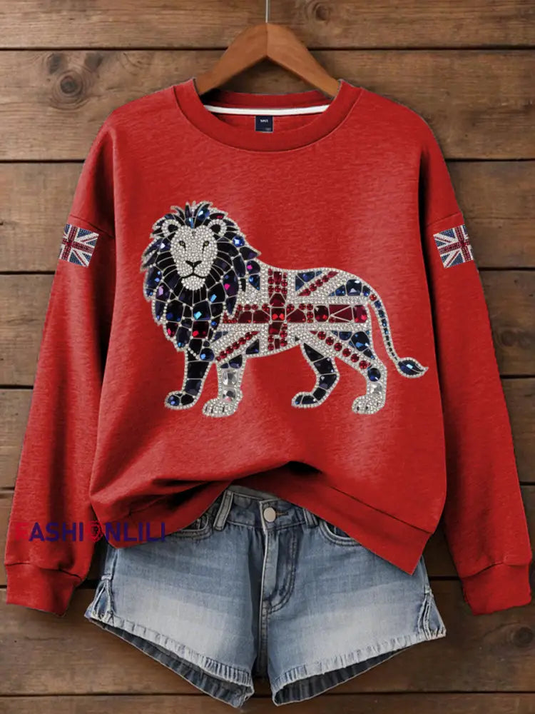 Women’s British imitation diamond hot drilling Print Sweatshirt Red / S