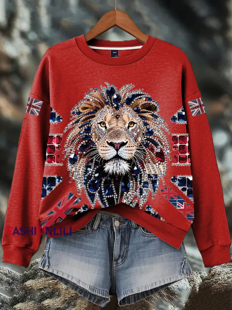 Women’s British imitation diamond hot-drilling Print Sweatshirt Red / S