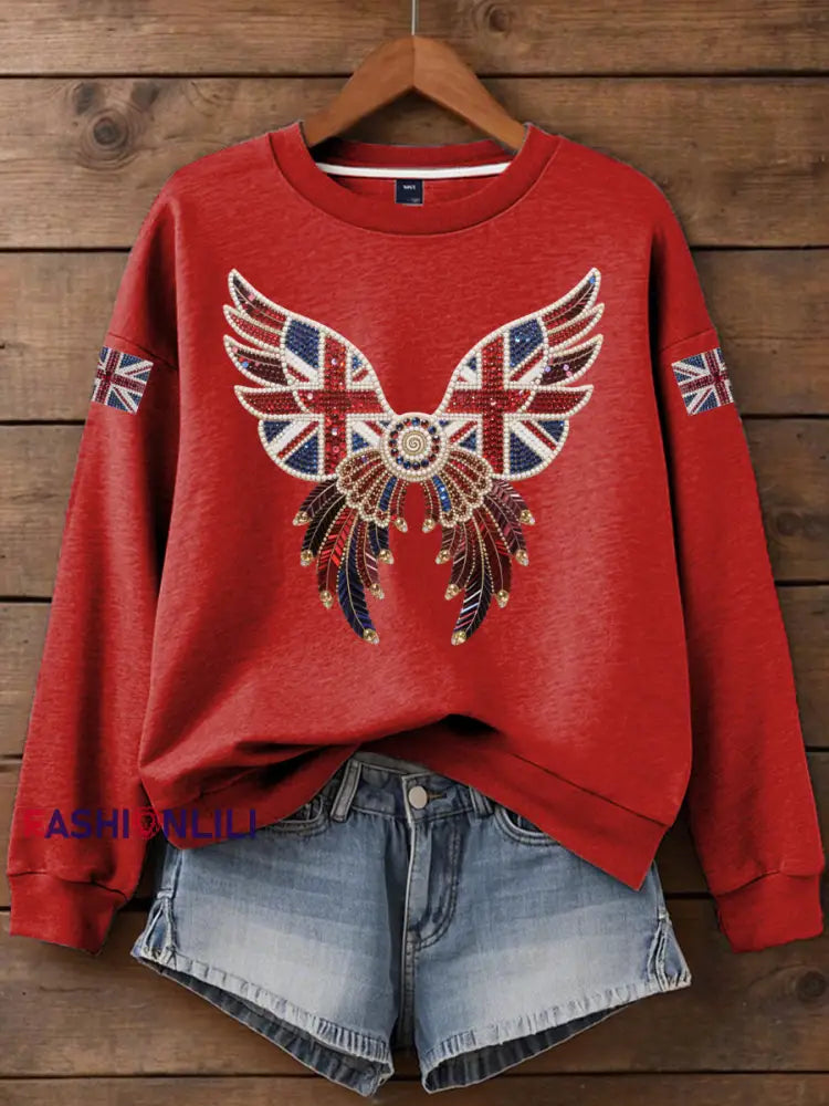 Women’s British imitation diamond hot drilling Print Sweatshirt Red / S