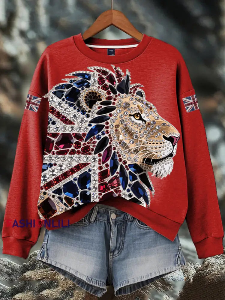 Women’s British imitation diamond hot-drilling Print Sweatshirt Red / S
