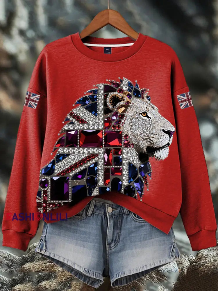 Women’s British imitation diamond hot-drilling Print Sweatshirt Red / S