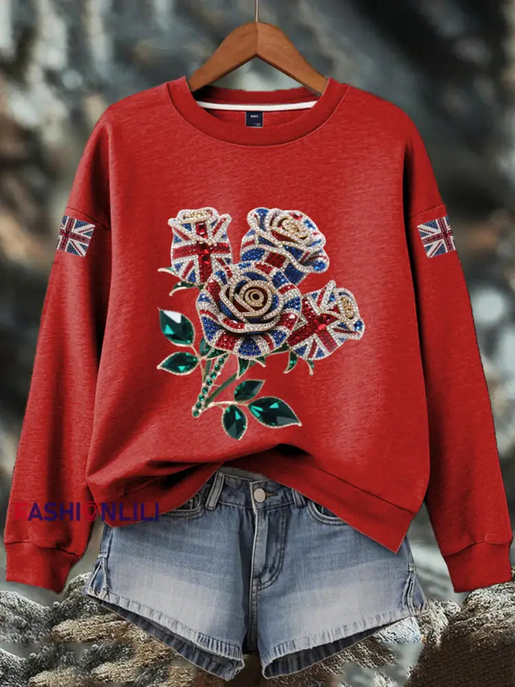 Women’s British imitation diamond hot drilling Print Sweatshirt Red / S