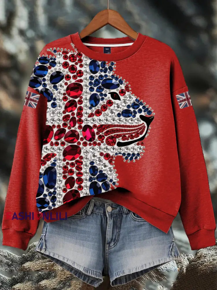 Women’s British imitation diamond hot-drilling Print Sweatshirt Red / S