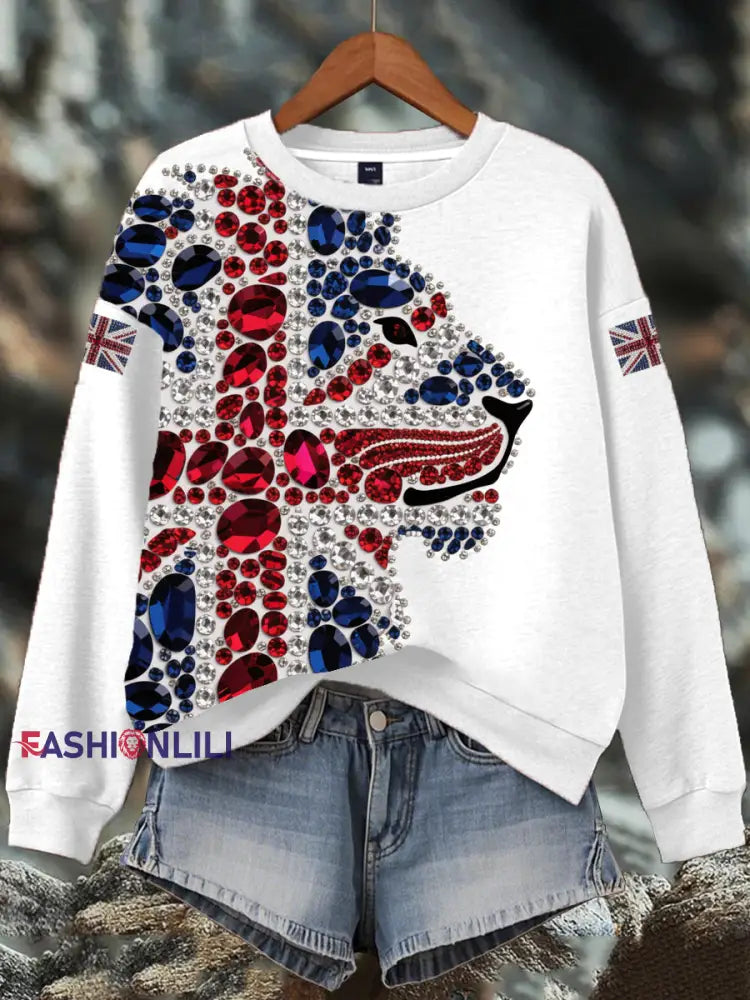Women’s British imitation diamond hot-drilling Print Sweatshirt White / S