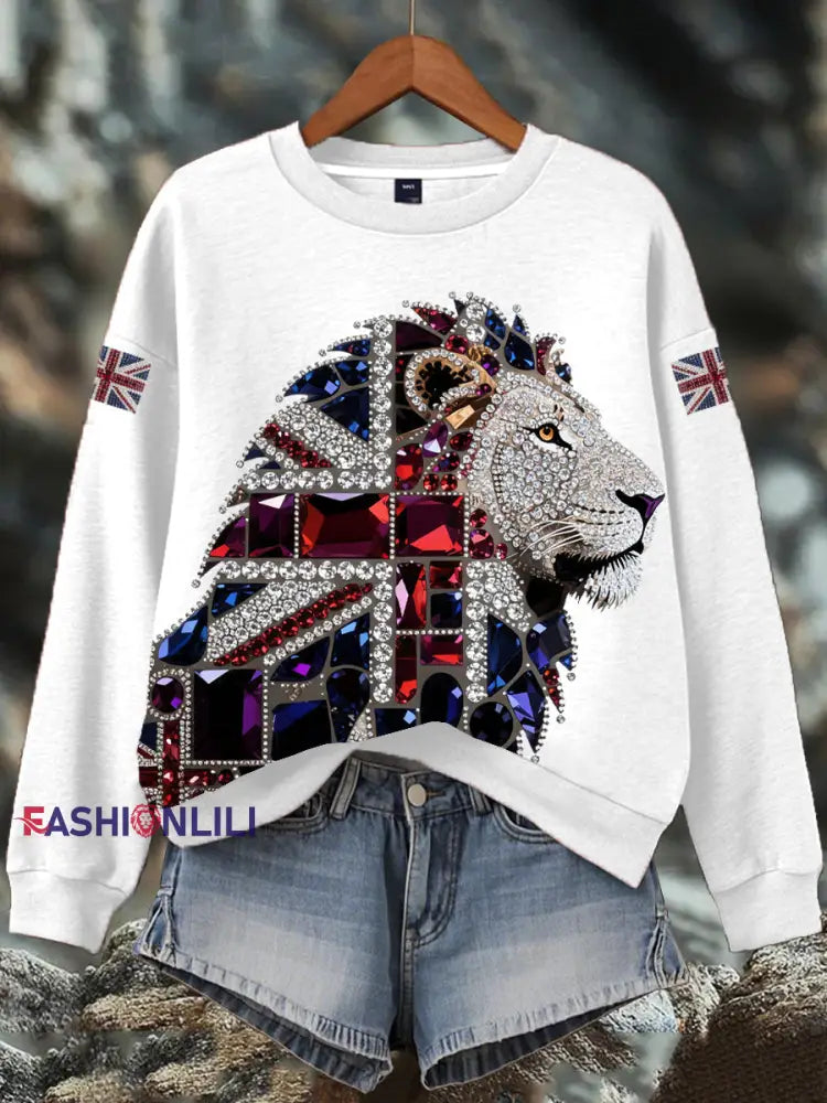 Women’s British imitation diamond hot-drilling Print Sweatshirt White / S