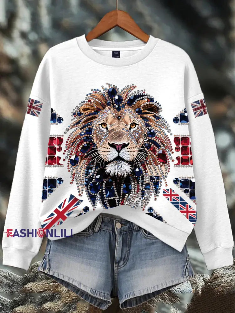 Women’s British imitation diamond hot-drilling Print Sweatshirt White / S