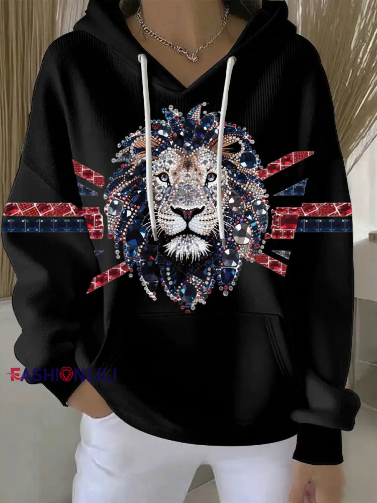Women’s British imitation diamond hot-drilling Printed Casual Hoodie Black / S