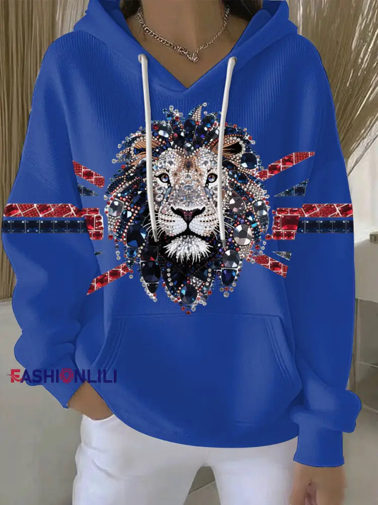 Women’s British imitation diamond hot-drilling Printed Casual Hoodie Blue / S