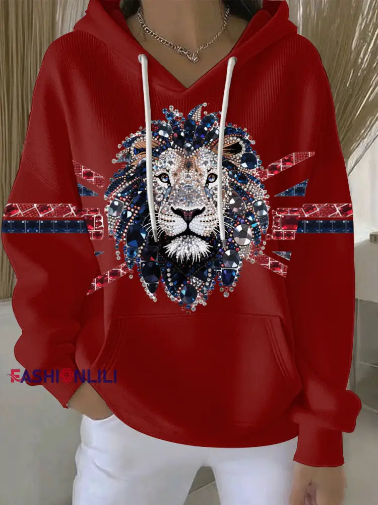 Women’s British imitation diamond hot-drilling Printed Casual Hoodie Red / S
