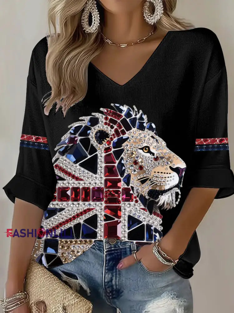 Women’s British imitation diamond hot-drilling Printed Casual T-shirt Black / S
